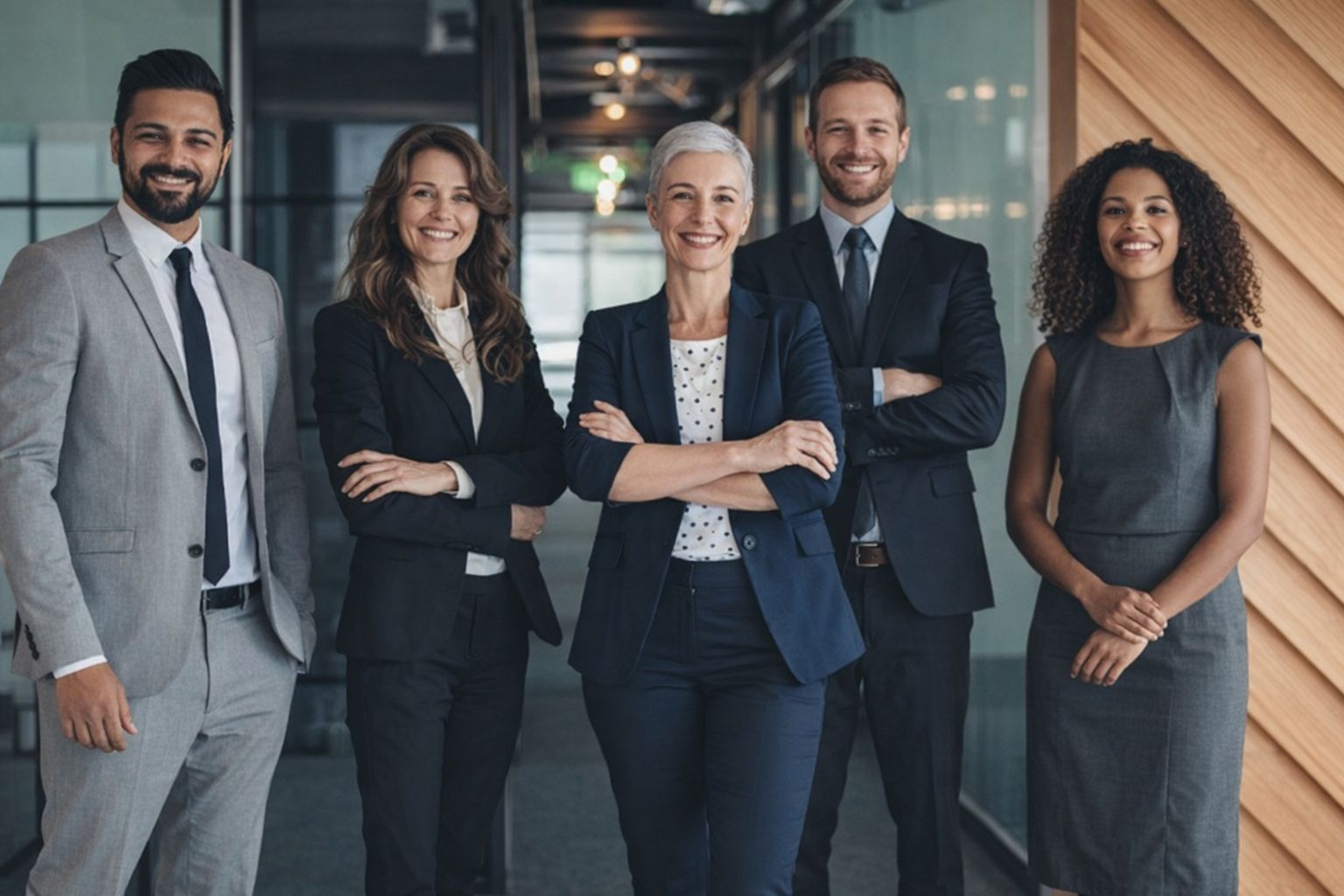 En gruppe profesjonelle forretningsfolk i et moderne kontormiljø.