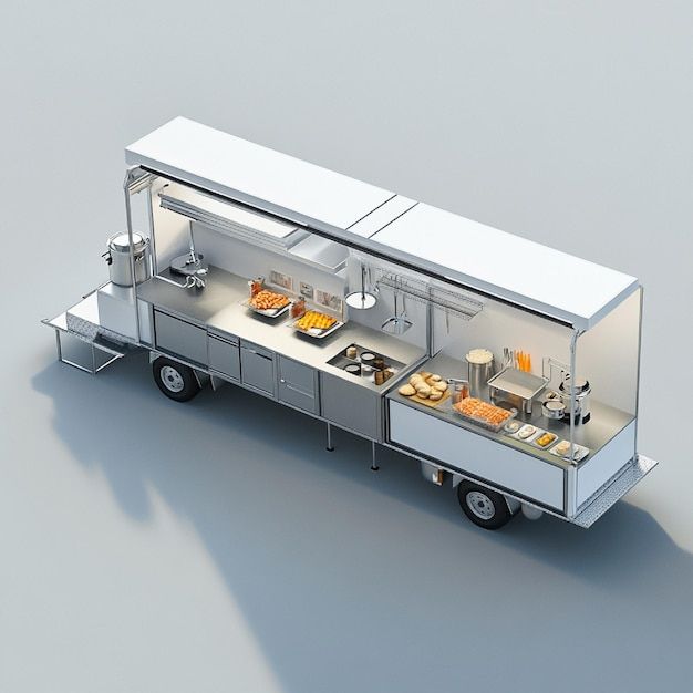 En oversiktlig og moderne food truck med profesjonell innredning i rustfritt stål.